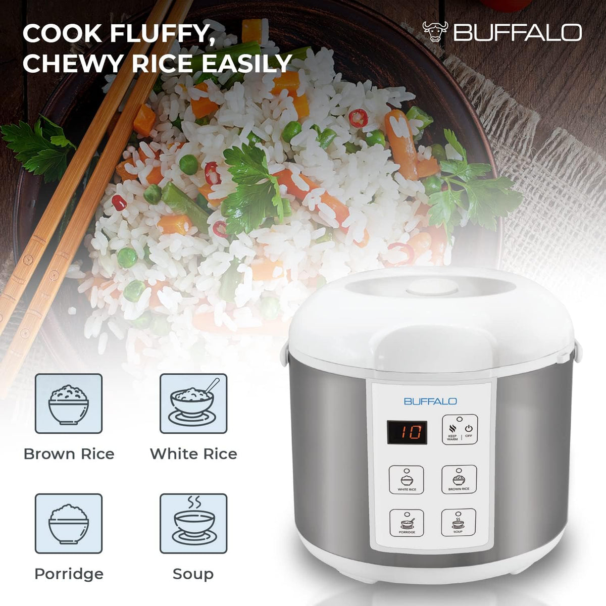 Buffalo Classic Rice Cooker with Clad Stainless Steel Inner Pot - Electric Rice Cooker for White/Brown Rice, Grain - Easy-to-clean, Non-Toxic & Non-Stick, Auto Warmer (10 Cup)