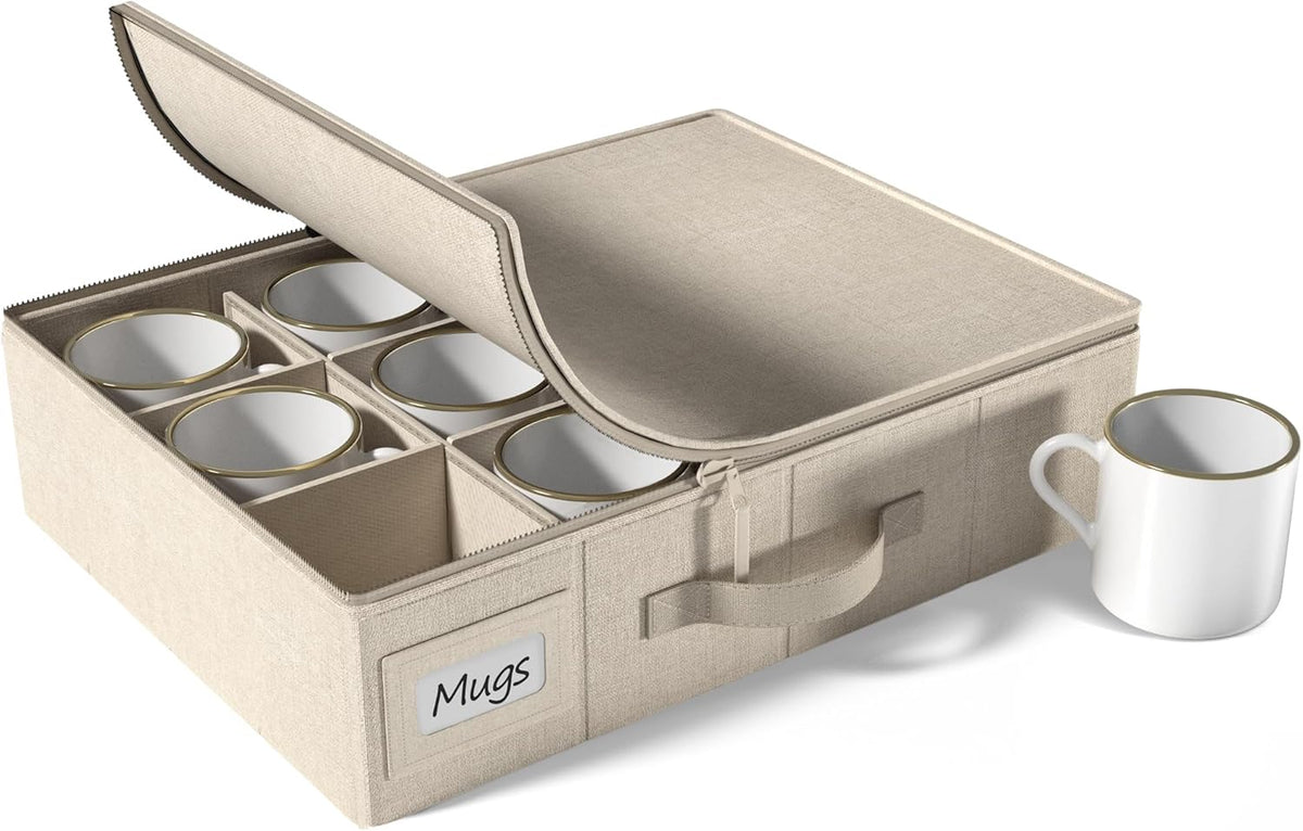 Sorbus Coffee Mug and Glass Organiser - Storage Mug Boxes for Shipping - Coffee Mug Organizer Mug Display Storage Case - Protective Hard Shell with Label Windows, Handles, & Dividers (Fits 12 Mugs)