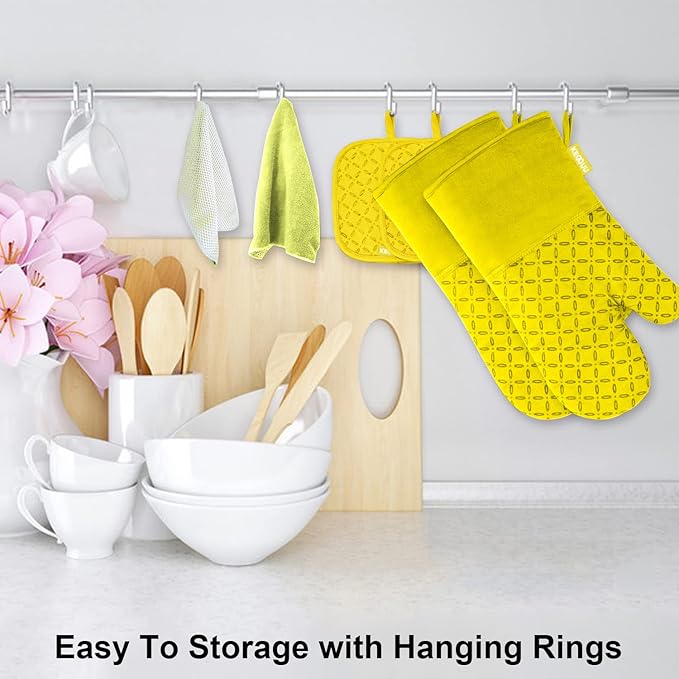 KEGOUU Oven Mitts and Pot Holders 6pcs Set, Kitchen Oven Glove High Heat Resistant 500 Degree Extra Long Oven Mitts and Potholder with Non-Slip Silicone Surface for Cooking (Yellow)