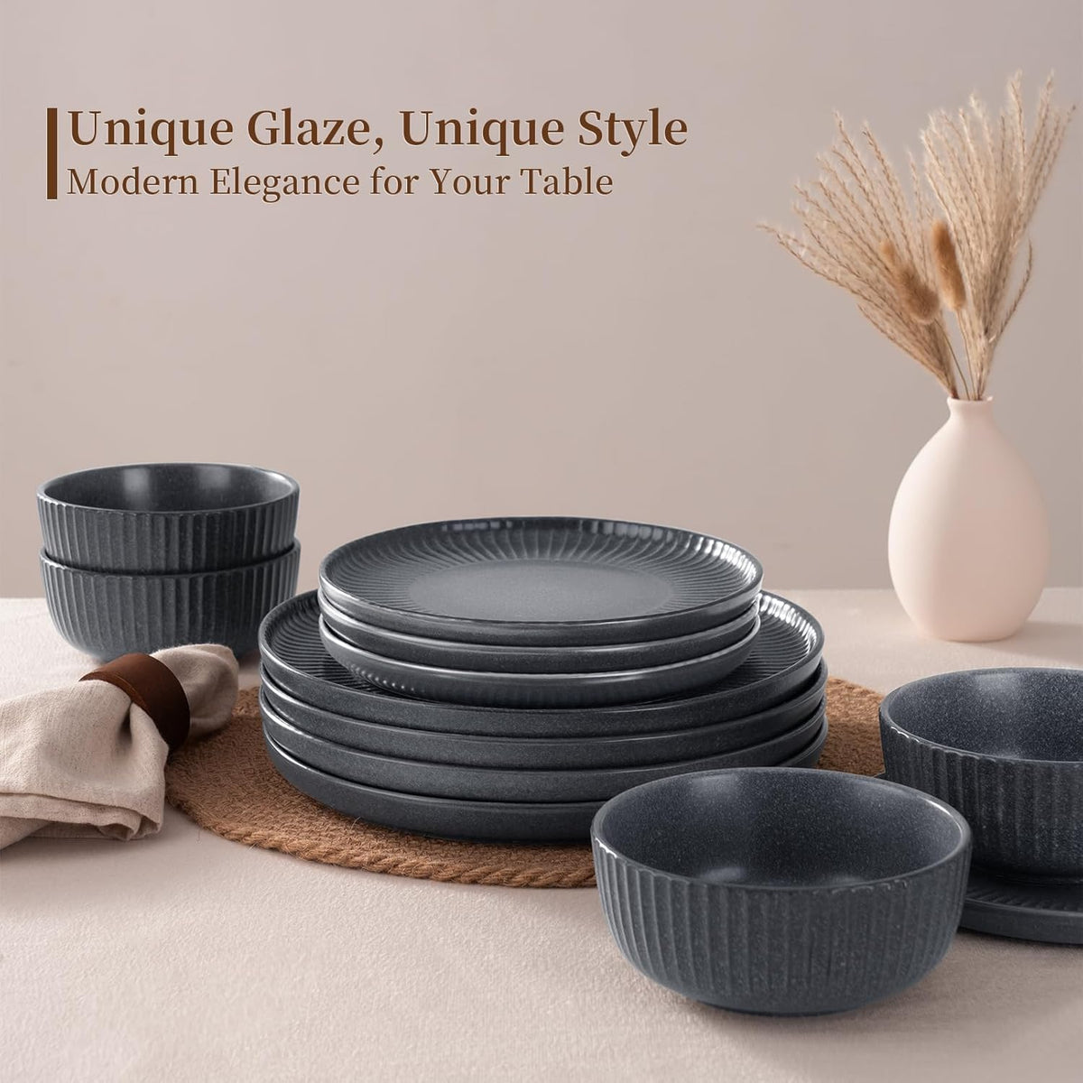 Famiware Starlight Dinnerware Sets, Plates and Bowls Dish Set of 8 (24 Pieces), Ribbed Textured Tableware - Dishwasher & Microwave Safe, Chip Resistant, Reactive Glaze, Matte Midnight Grey