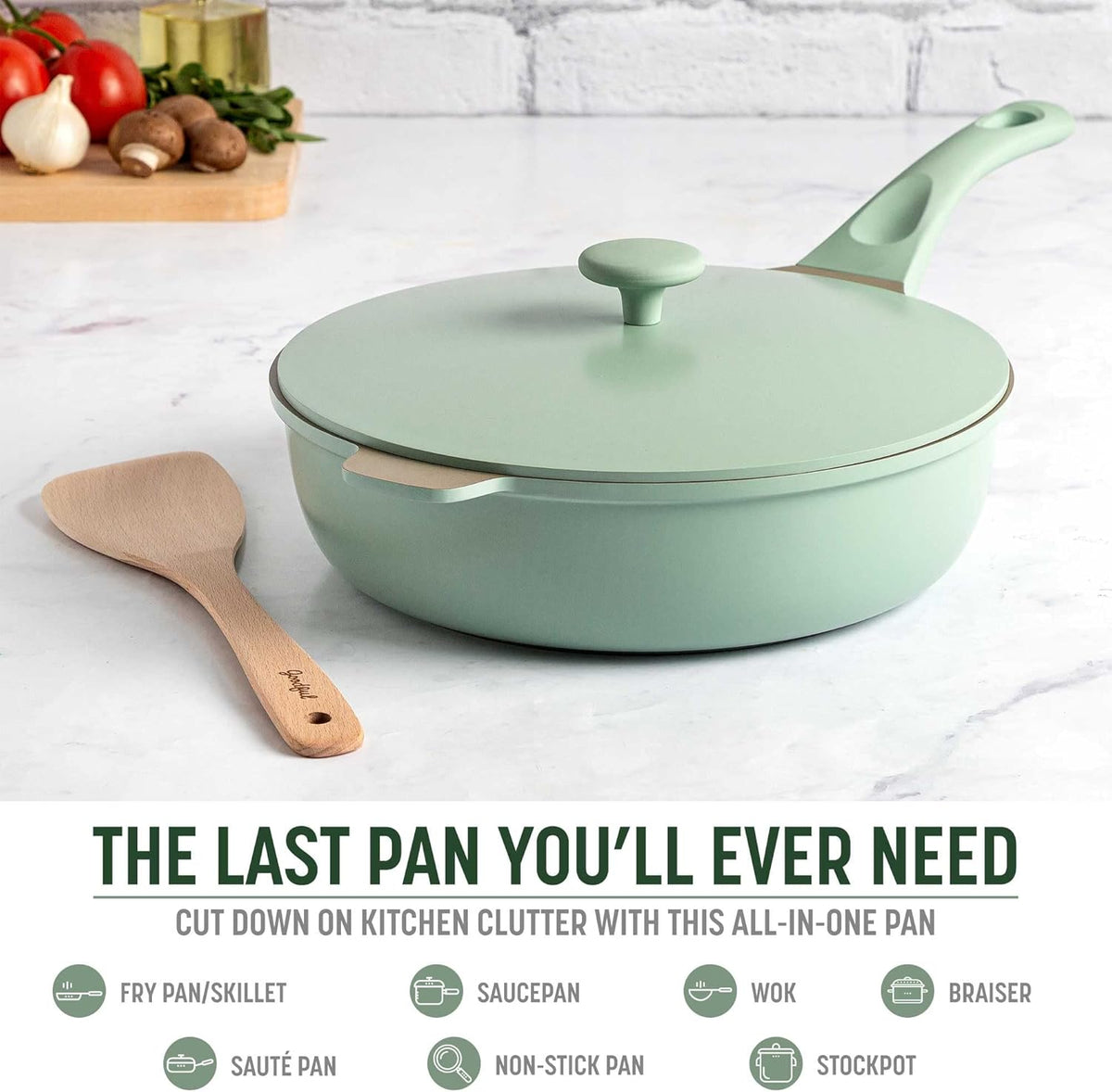 Goodful All-in-One Pan, Multilayer Nonstick, High-Performance Cast Construction, Multipurpose Design Replaces Multiple Pots and Pans, Dishwasher Safe Cookware, 11-Inch, 4.4-Quart Capacity, Sage Green