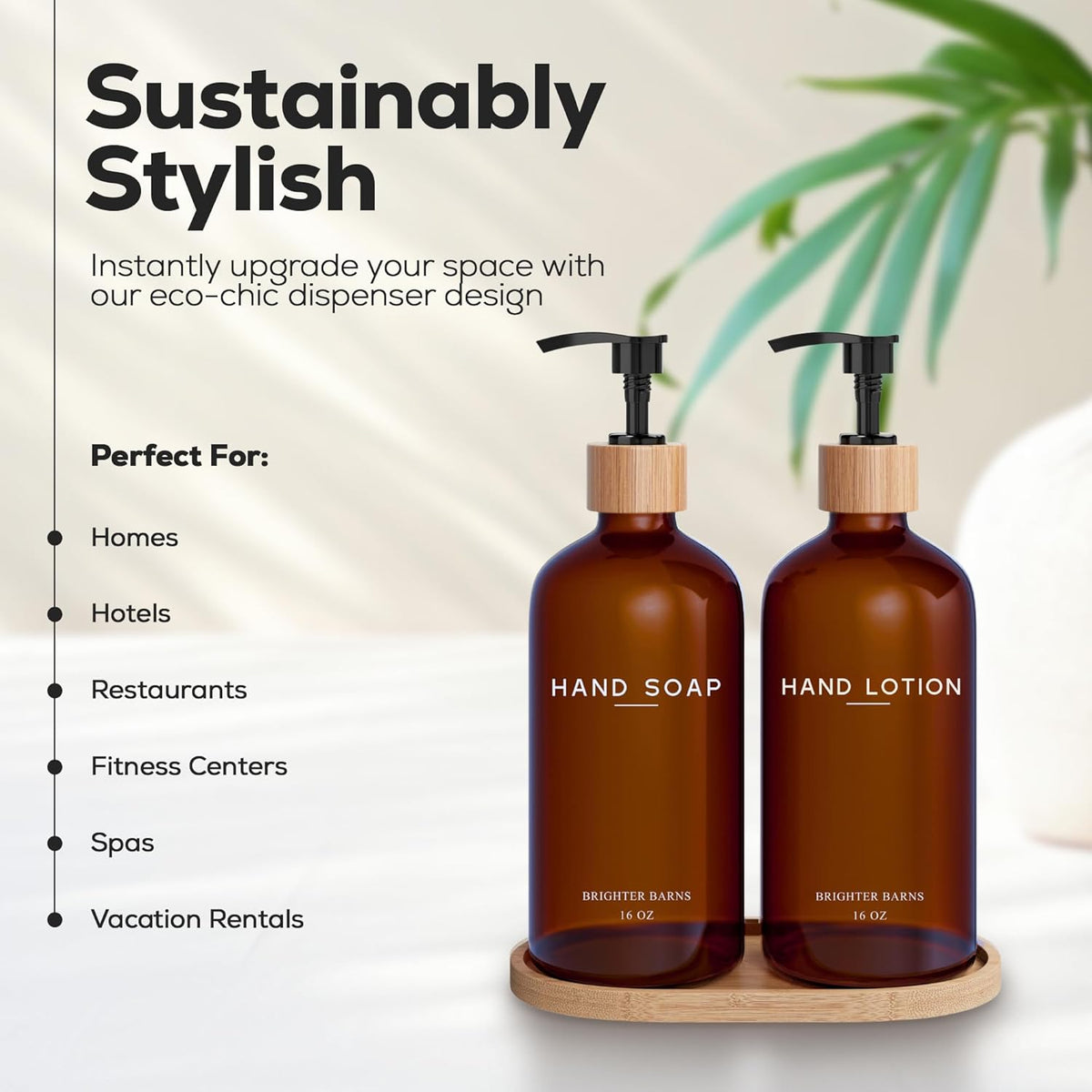 Amber Glass Soap and Lotion Dispenser Set with Tray by Brighter Barns - Hand Soap Dispenser Bathroom Set - Glass Bottles with Pump - Bamboo Home Accessories & Modern Bathroom Decor for Airbnb (Amber)