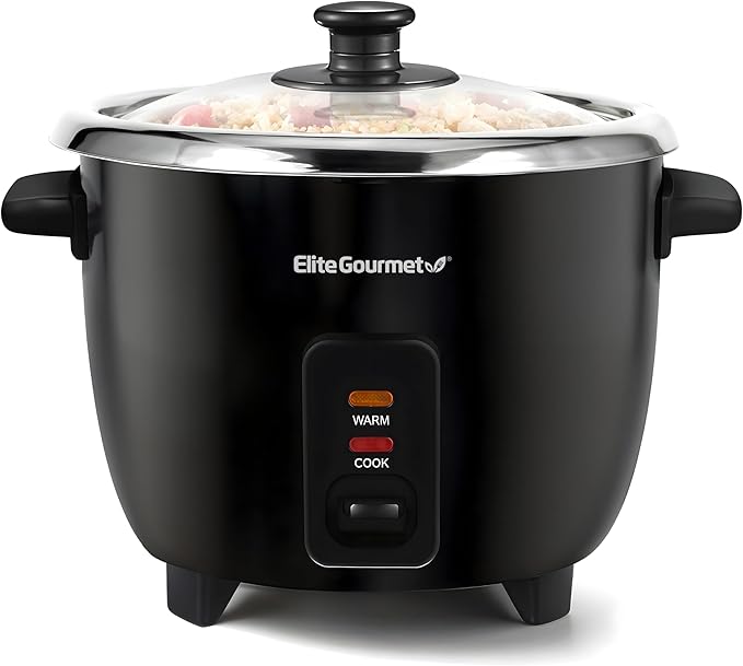 Elite Gourmet ERC006SS 6-Cup Electric Rice Cooker with Stainless Steel Inner Pot, Makes Soups, Stews, Porridges, Grains and Cereals, 6 cup (3 cups uncooked), Black