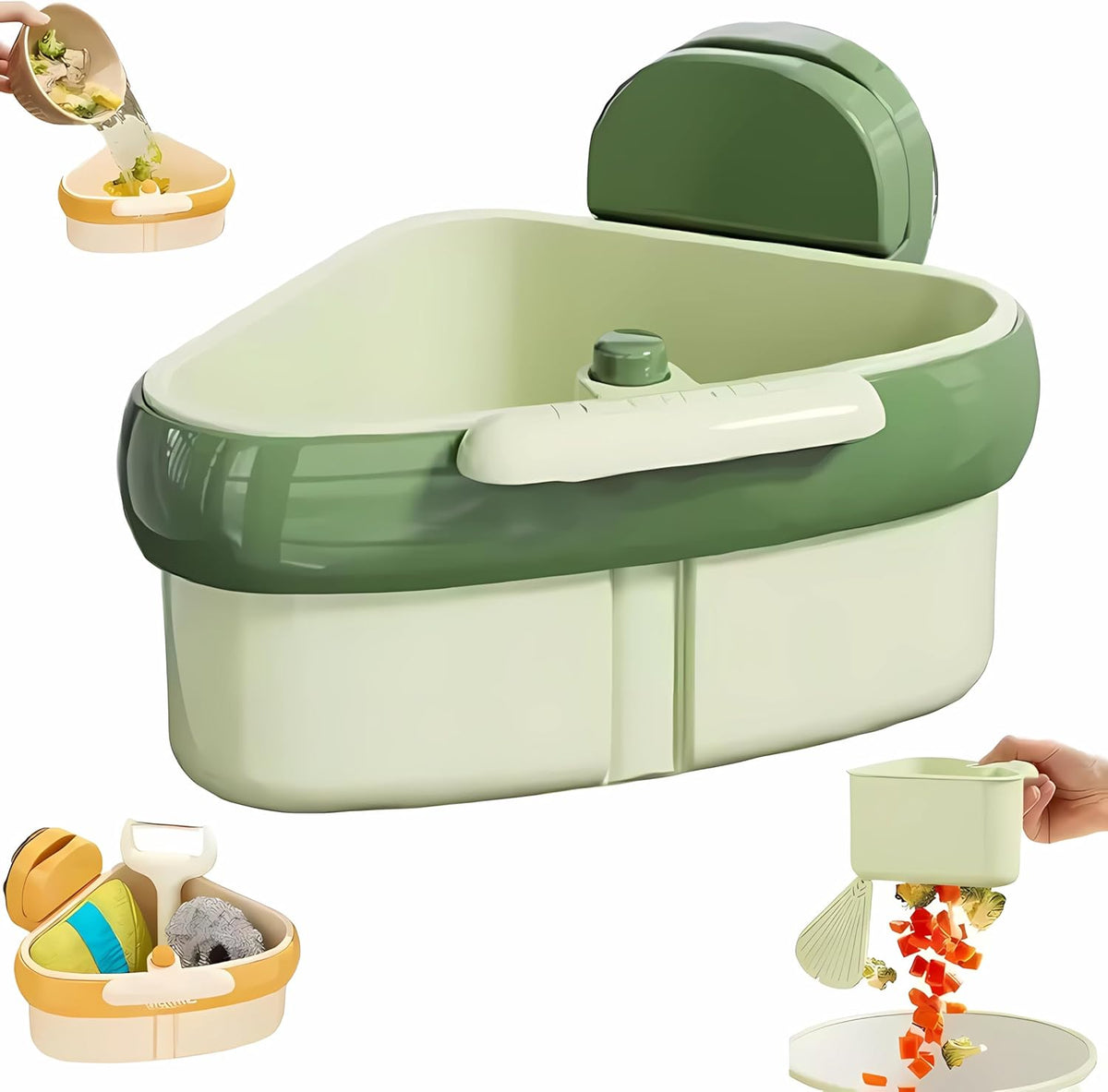 Suction Cup Sink Corner Rack, 2025 Upgrade Corner Sink Strainer Basket, One-Press Automatic Dumping, Suction Cup Press Sinks Drainer Basket, Sponge Storage Rack, Durable and Easy Cleaning G