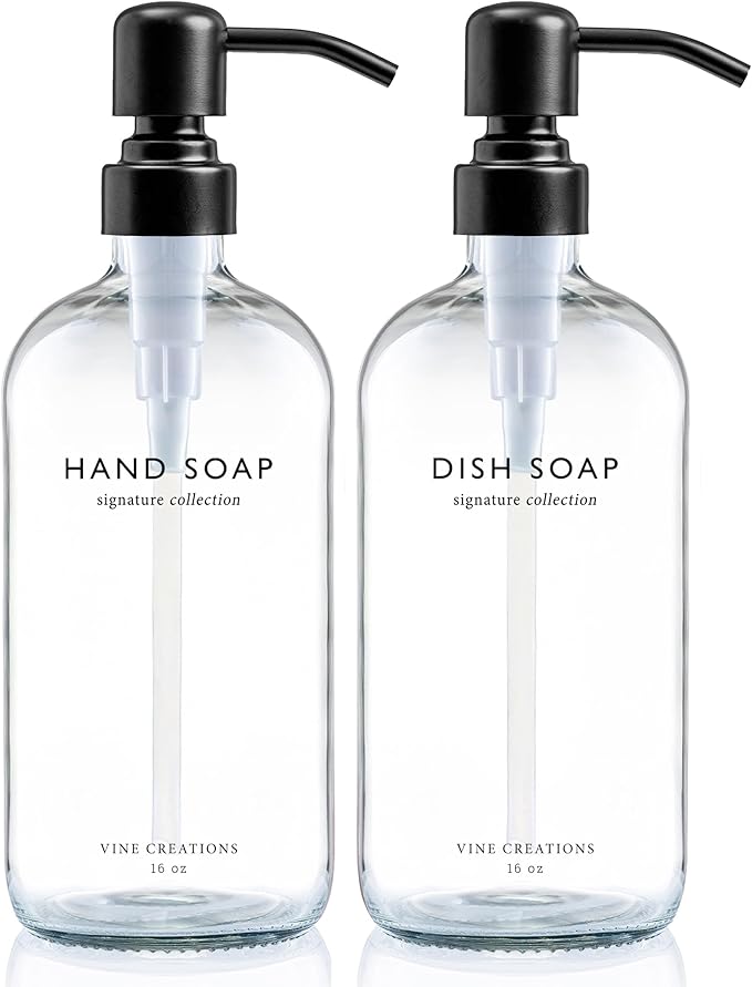Vine Creations Clear Glass Soap Dispenser Set, Dish Soap and Hand Soap Dispenser Set with Stainless Steel Pump, 16 oz Glass Dispensers for Kitchen Bathroom Decor (Clear Bottle/Matte Black Pump)