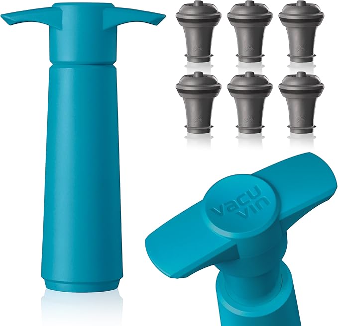 Vacu Vin Wine Saver Pump Blue with Vacuum Wine Stopper - Keep Your Wine Fresh for up to 10 Days - 1 Pump 6 Stoppers - Reusable - Made in the Netherlands