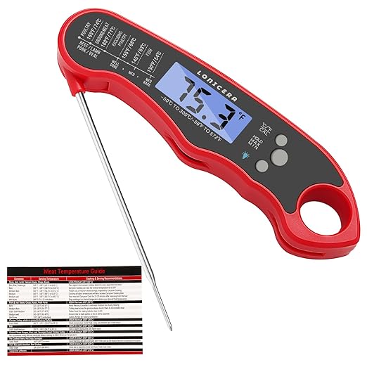 Lonicera Meat Thermometer Digital for Cooking Food. Waterproof & Instant Read for Kitchen Baking, BBQ. with Foldable Probe, Backlight & Calibration (Red)