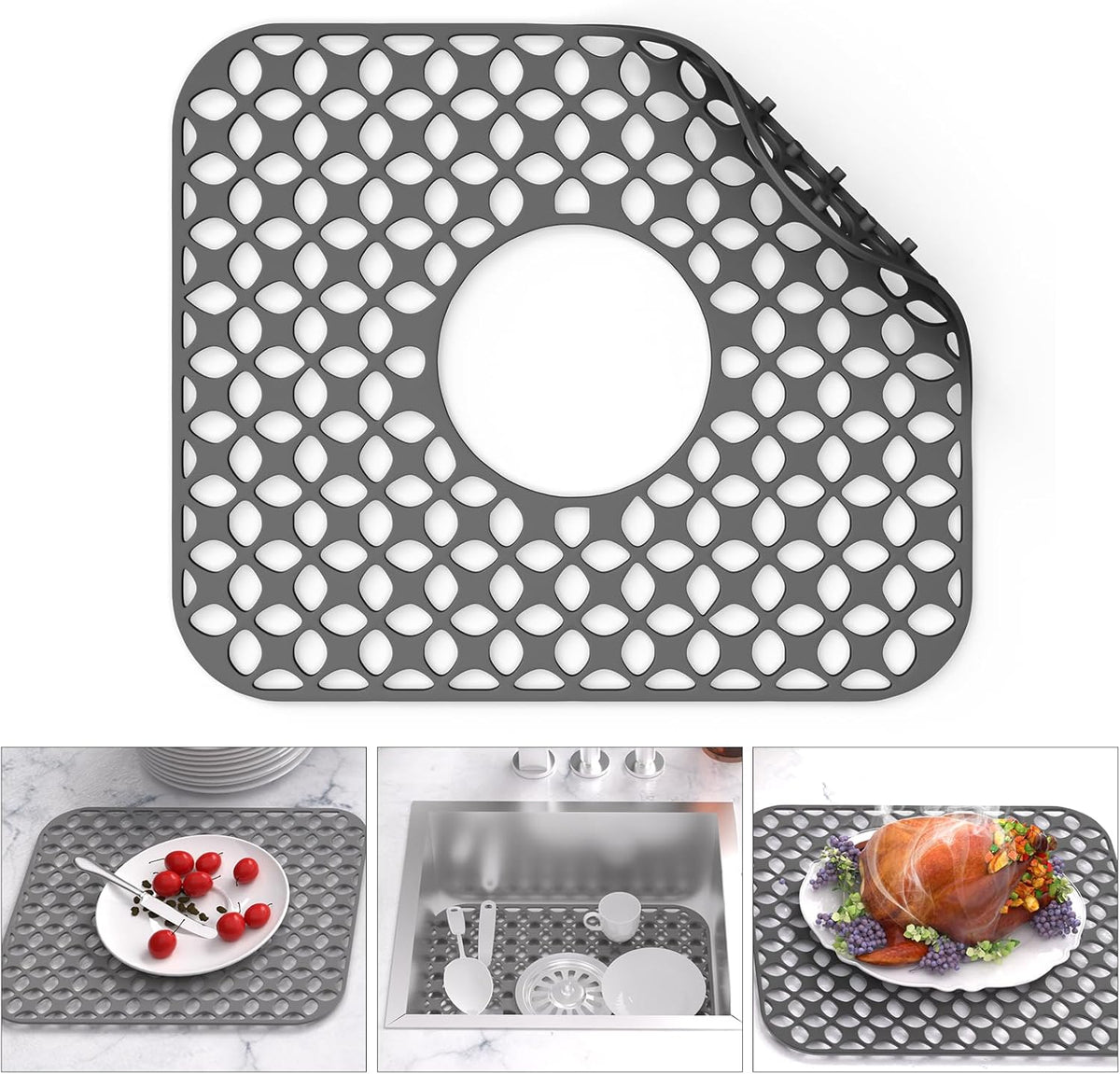 TOOVEM Sink Protectors for Kitchen Sink, Folding Non-slip Kitchen Mat, Heat Resistant Silicone Mat 1 Pcs, Grey, 13.58 ''x 11.6 ''