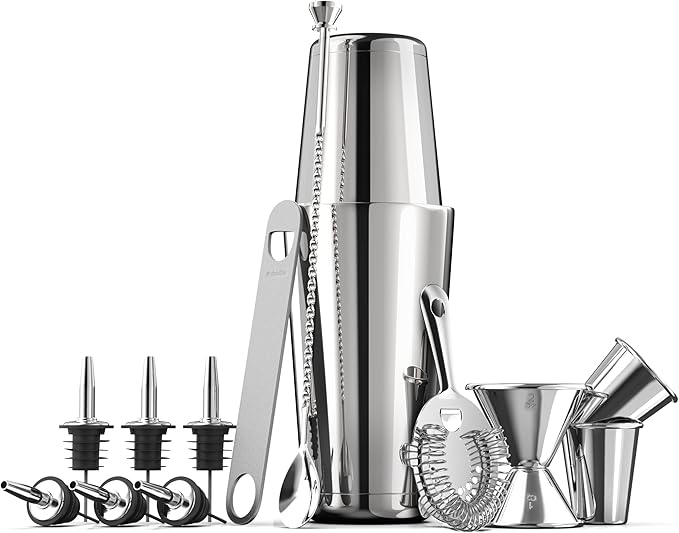 Expert Cocktail Shaker Home Bar Set - 14 Piece Stainless Steel Bar Tools Kit with Shaking Tins, Flat Bottle Opener, Double Bar Jigger, Hawthorne Strainer, Shot Glasses, Bar Spoon, and 6 Pour Spouts.