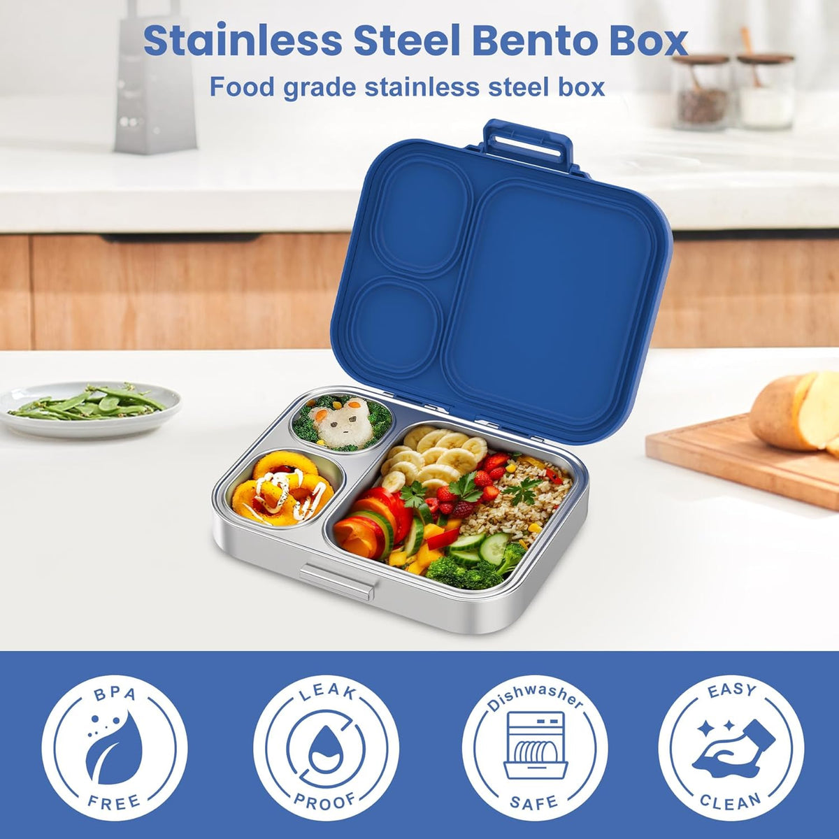 Stainless Steel Bento Lunch Box for Kids | 3-Compartment Lunch Box Container Kids | 100% Leakproof, Dishwasher-Safe, Eco-Friendly, Perfect Portion Control for Kids&Adult Healthy Meals (Blue)