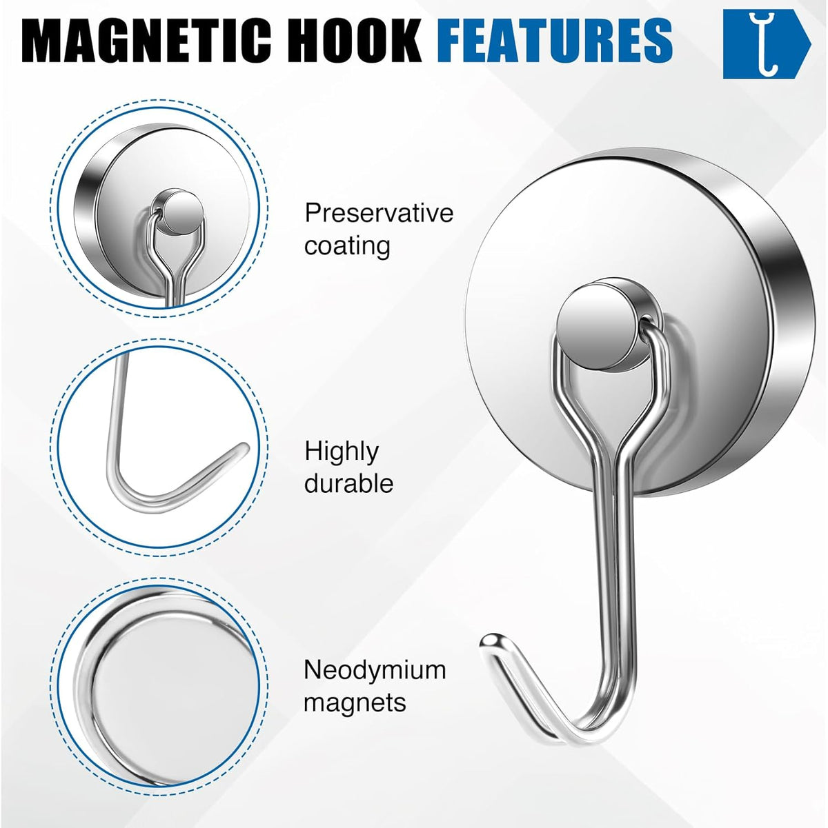 LOVIMAG Hooks, 110lbs+ Magnetic Magnet Hook 2025 Cruise Cabin Ship Essentials Heavy Duty Strong Refrigerator Fridge Hanging for Classroom Beach Vacation Kitchen Grills Home Mug Hanger (6 Pack), Silver