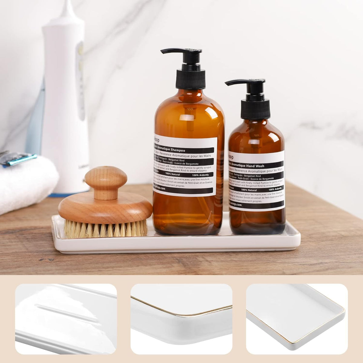 Gurygo 8" Bathroom Tray, Ceramic Vanity Trays for Bathroom, Small Ceramic Trays, Kitchen Soap Tray for Kitchen Counter (White with Gold-Edged, 8",Set/1)
