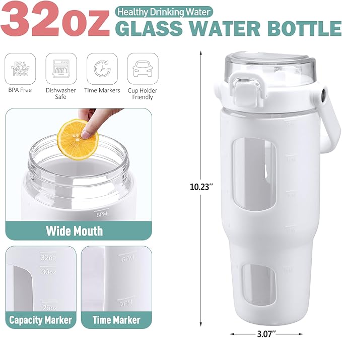 BLUEGO 32oz Glass Water Bottles with Straw Time Marker Half Gallon Large Motivational Water Bottle with Silicone Sleeve 2 Liter Large Glass Water Jug for Gym, Sports& Workout, Daily, White