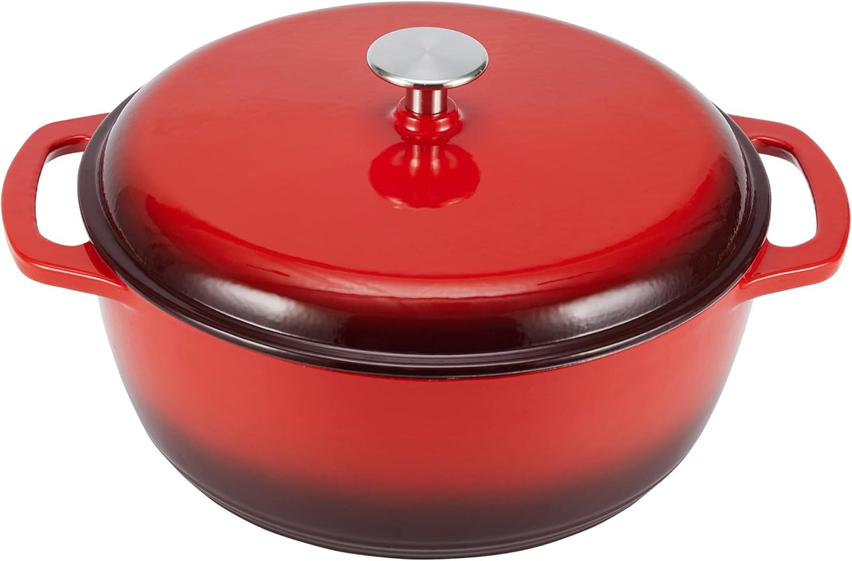 Amazon Basics Cast Iron Dutch Oven Pot with Lid, Enameled, Round, Dual Handles, Heavy-Duty, Medium, 6-Quart, Red