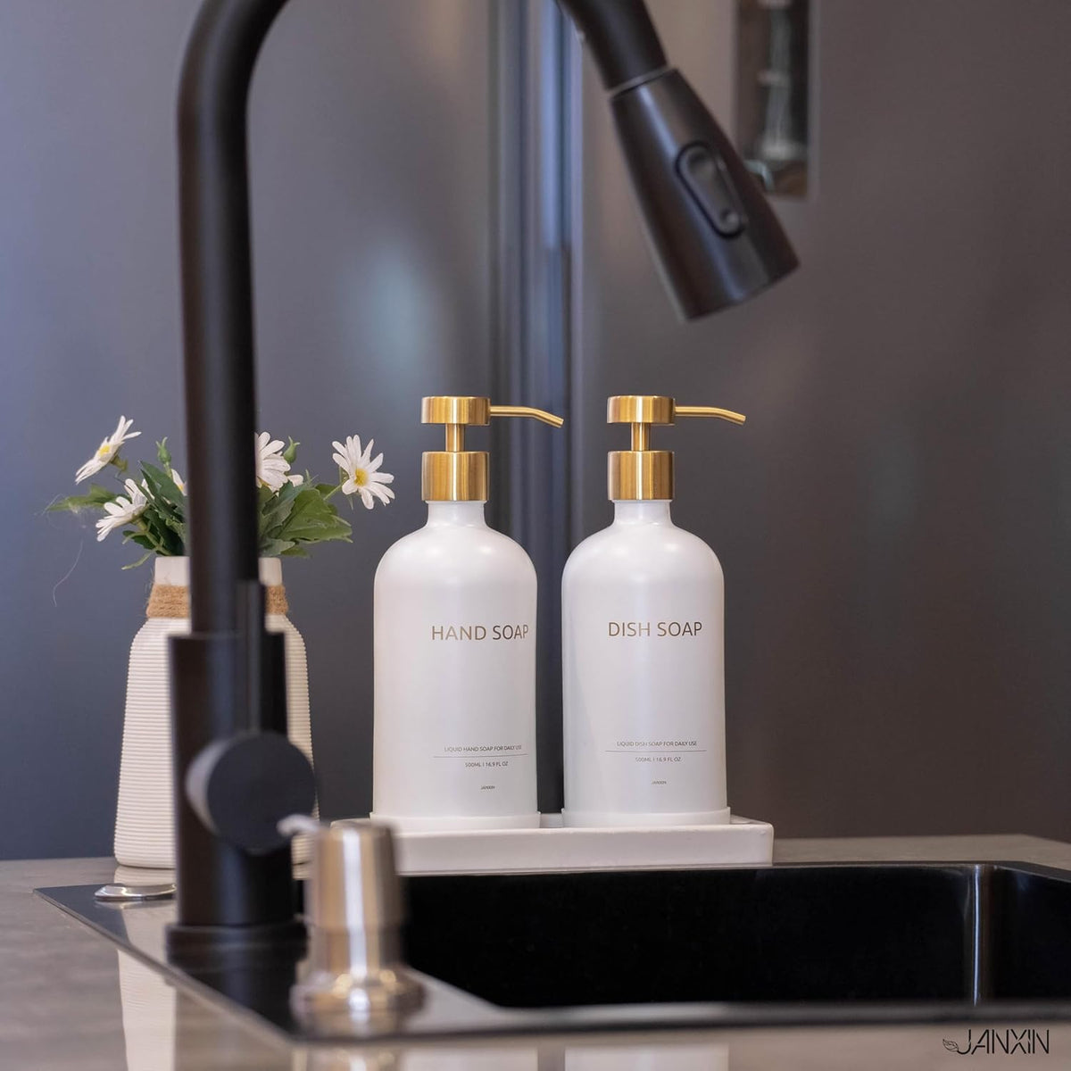Glass Soap Dispenser Set with Ceramic Tray, 16.9 floz Hand and Dish Soap Dispenser for Bathroom Decor, White and Gold Kitchen Accessories (White Bottles + Gold Pumps)