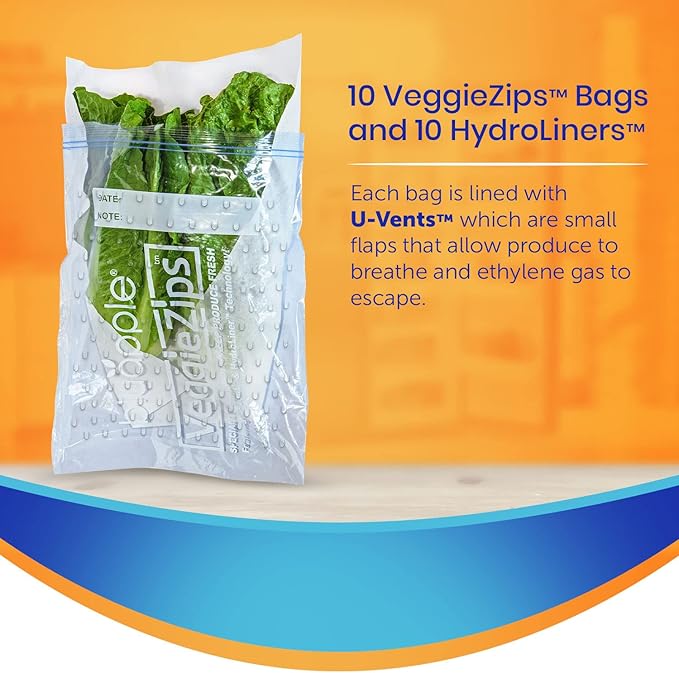 Bluapple VeggieZips Premium Produce Storage System - 20 Piece Set, 10 Food Saver Bags + 10 HydroLiners, Keep Produce Fresh Longer, Washable & Reusable Bags with Humidity Control for Fruit & Vegetables