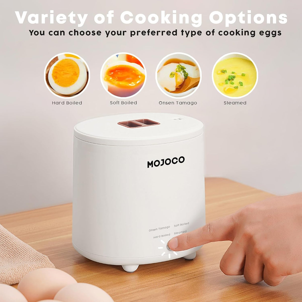 Mojoco Rapid Egg Cooker - Mini Egg Cooker for Steamed, Hard Boiled, Soft Boiled Eggs and Onsen Tamago - Electric Egg Boiler for Home Kitchen, Dorm Use - Smart Egg Maker with Auto Shut OFF and Alarm