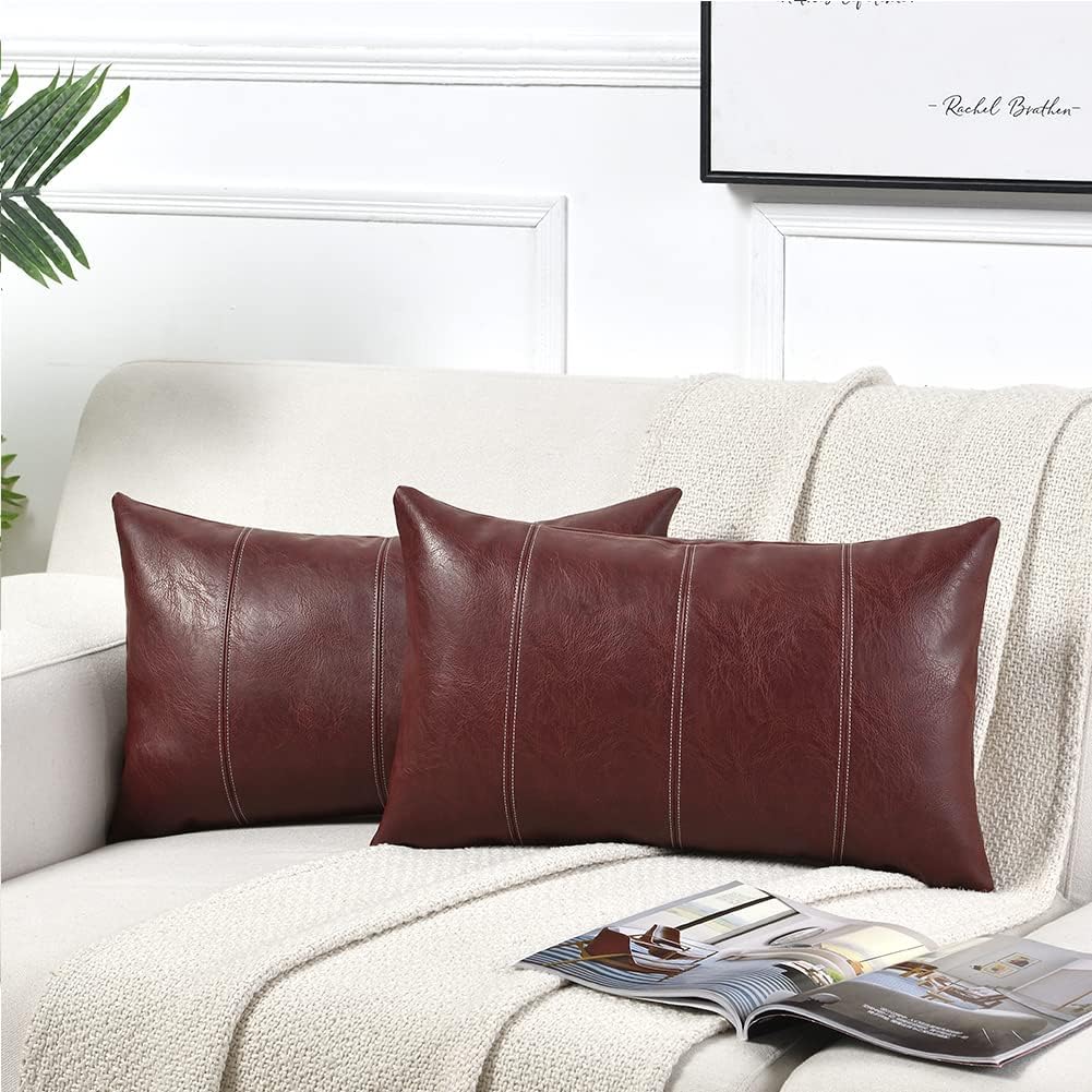 Fancy Homi Burgundy Long Lumbar Faux Leather Decorative Throw Pillow Covers 14x24 Inch for Outdoor Couch Bed, Modern Farmhouse Boho Home Decor, Wine Red Hand Stitched Cushion Case 35x60 cm