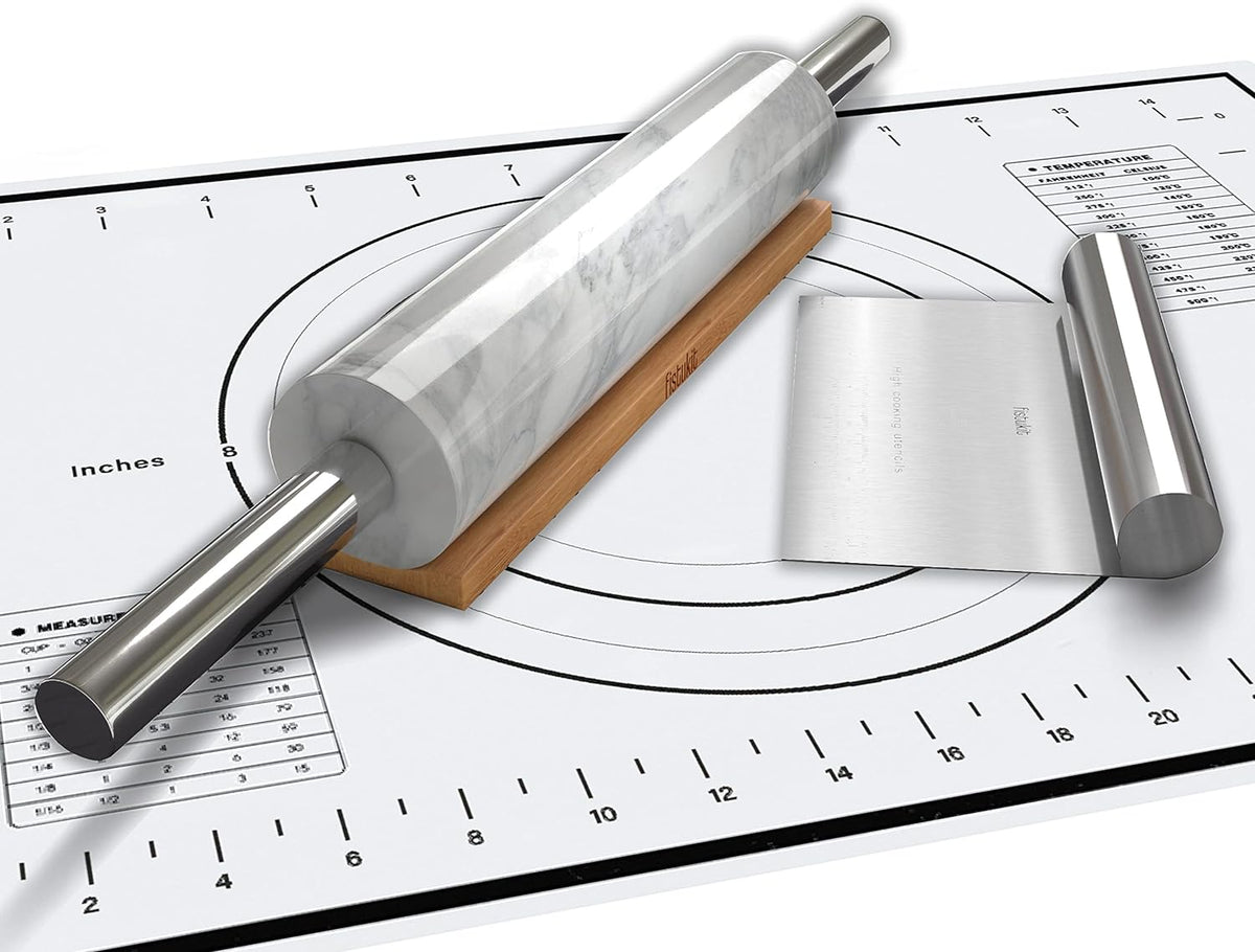 White Marble Rolling Pin with Stainless Steel Handles Baking Set - Silicone Baking Mat, Bench Scraper, Wooden Base