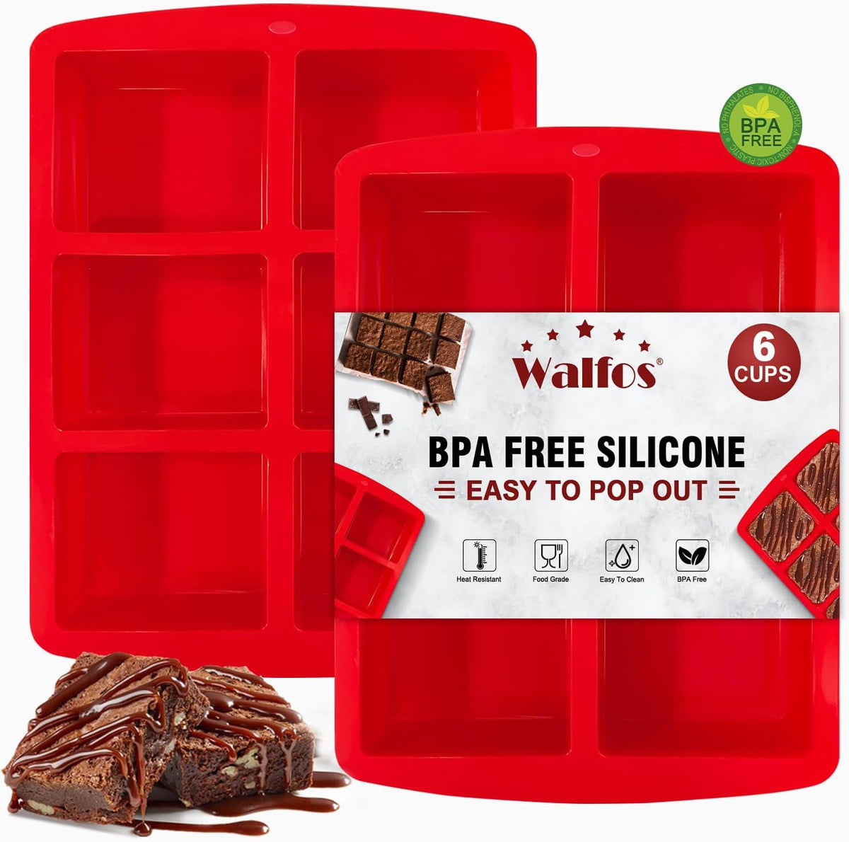 Walfos Mini Silicone Brownie Pan - 2 Piece 6-Cavity Non-stick Square Baking Pan, Perfect for Mini Brownies, Cornbread, Muffin and Cakes, BPA Free and Dishwasher Safe