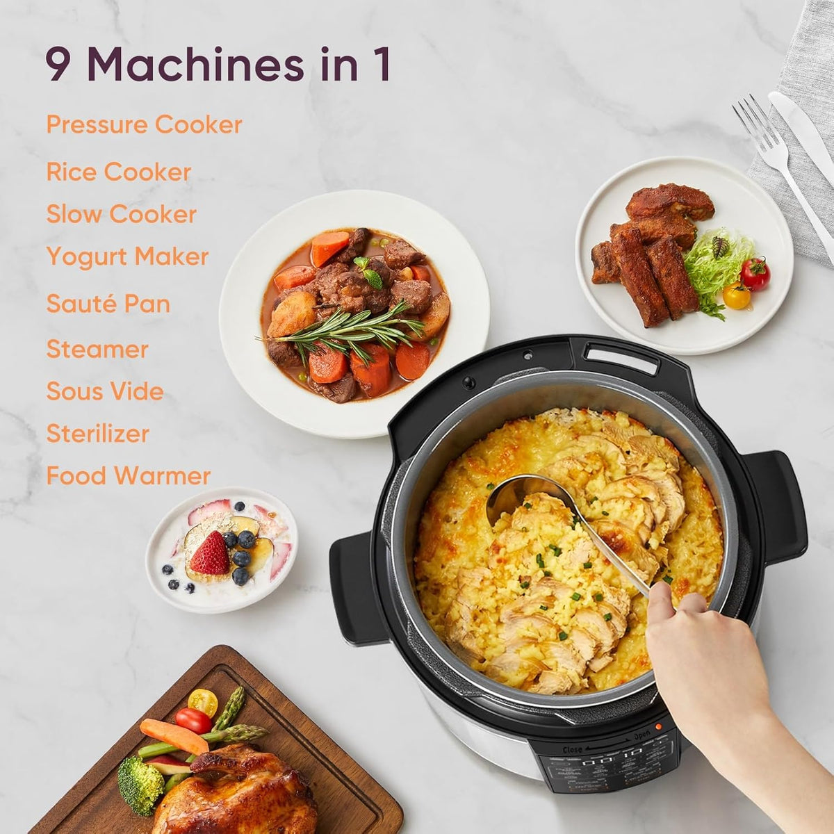 COSORI Pressure Cooker 6QT Stainless Steel – 9-in-1 Multi Cooker, 12 Safety Features, Ceramic Inner Pot, Rice, Slow Cook, Sous Vide, Saute, 1100W