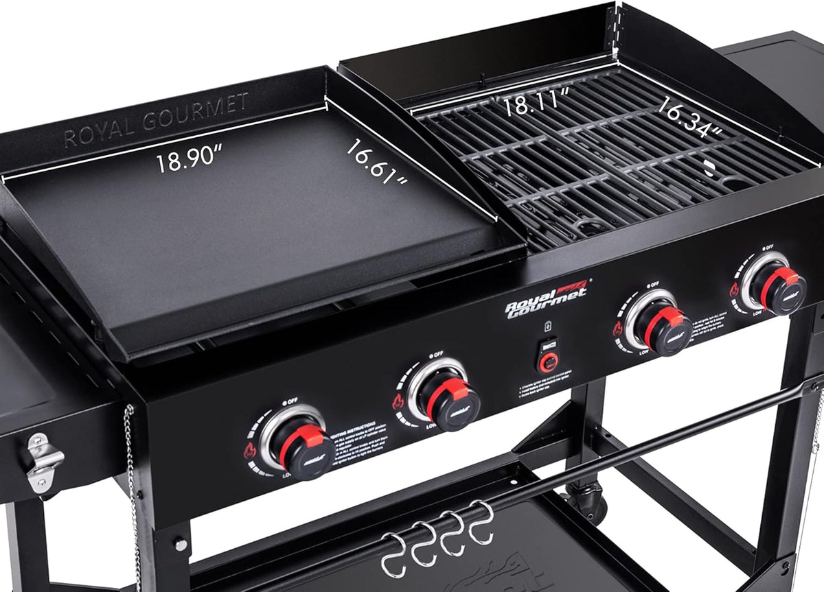 Royal Gourmet GD402 4-Burner Propane Gas Grill and Griddle Combo with Foldable Legs, 48,000 BTUs, Portable Griddle Grill Combo for Outdoor Cooking While Camping or Tailgating, Black
