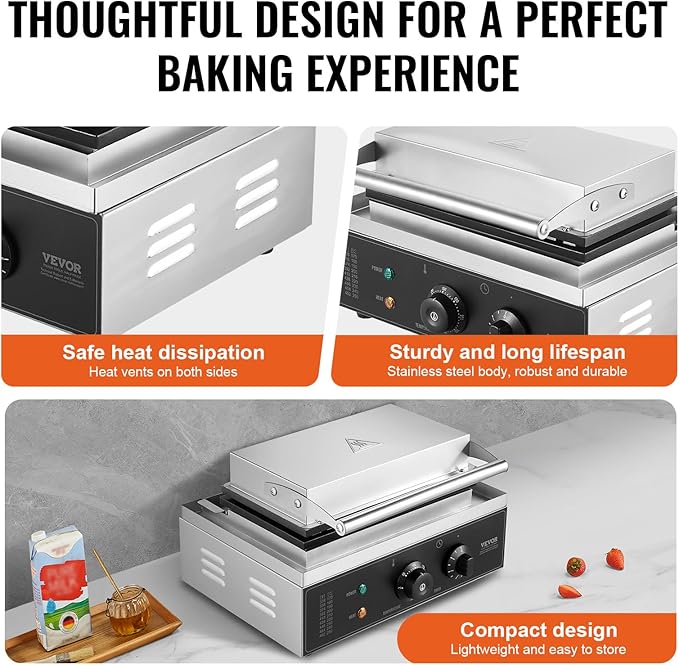 VEVOR Commercial Waffle Maker, 10PCS Rectangle Waffle Baker Machine, 1550W Non-Stick Stainless Steel Belgian Waffle Iron with Temp and Time Control, Handle, for Restaurant Bakery Snack Bar Family