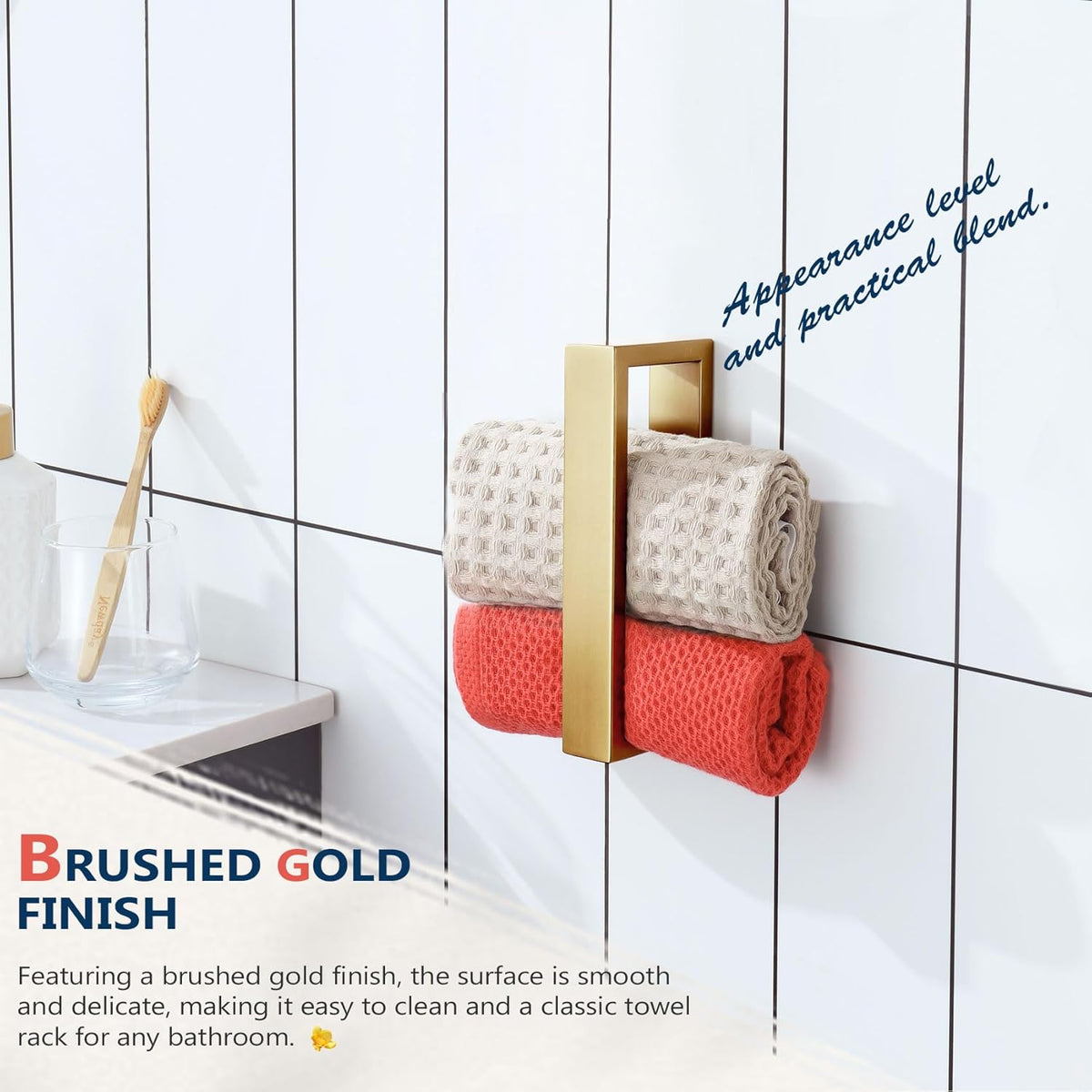 KOKOSIRI Towel Rings Brushed Gold Hand Towel Bars 9-Inch Kitchen Towel Rack Stainless Steel Bathroom Hardware Wall Mounted, 2 Pack B4008BG-L9-P2