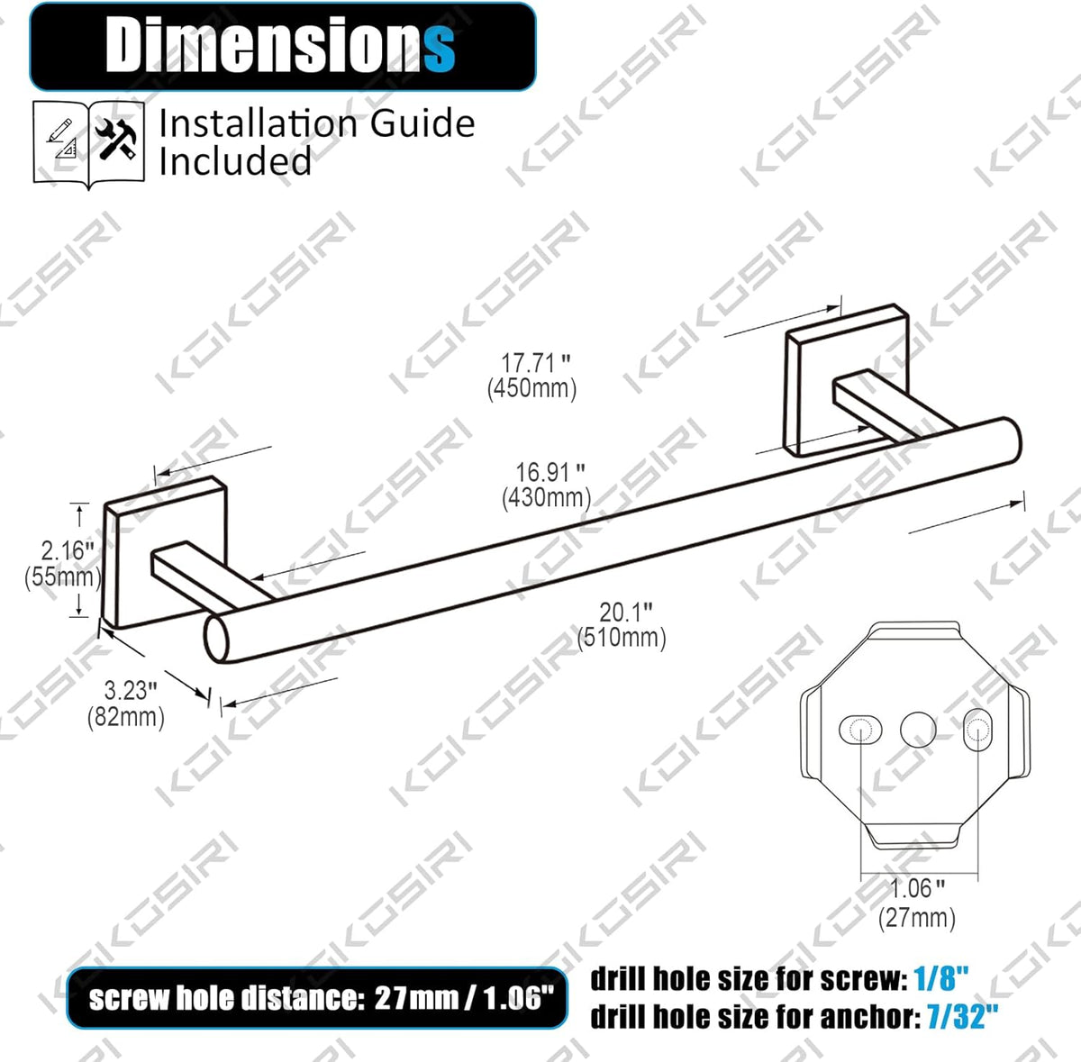 KOKOSIRI Towel Rail Bathroom Towel Bars Matte Black 20 Inch Towel Holder for Bath Cabinet Kitchen Wall Mount Stainless Steel B4005BK-L20