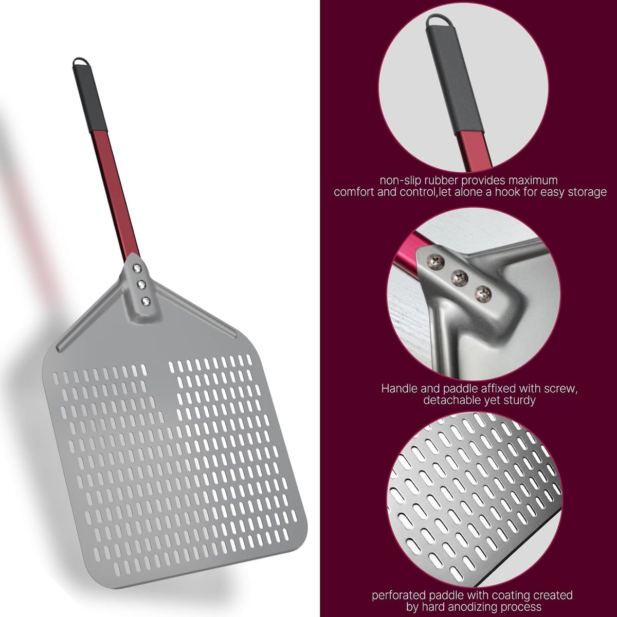 crosson 14”×18“ Perforated Pizza Peel, Pizza Spatula Paddle, Lightweight Pizza Turning Peel with 16“ Long Handle, Pizza Oven Accessories, Pizza Tools, Rectangle Pizza Turner