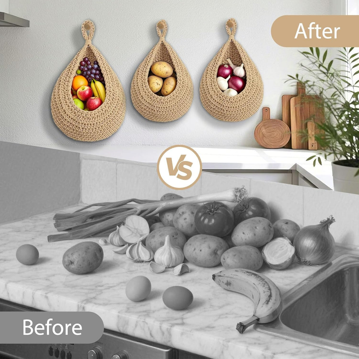 Halidali Hanging Fruit Baskets for Kitchen, 3 Pack Boho Cotton Rope Handwoven Vegetable Storage Wall Mounted Large Organizing Basket for Farmhouse Decor, Onion, Potato, Garlic and Plants (Linen)