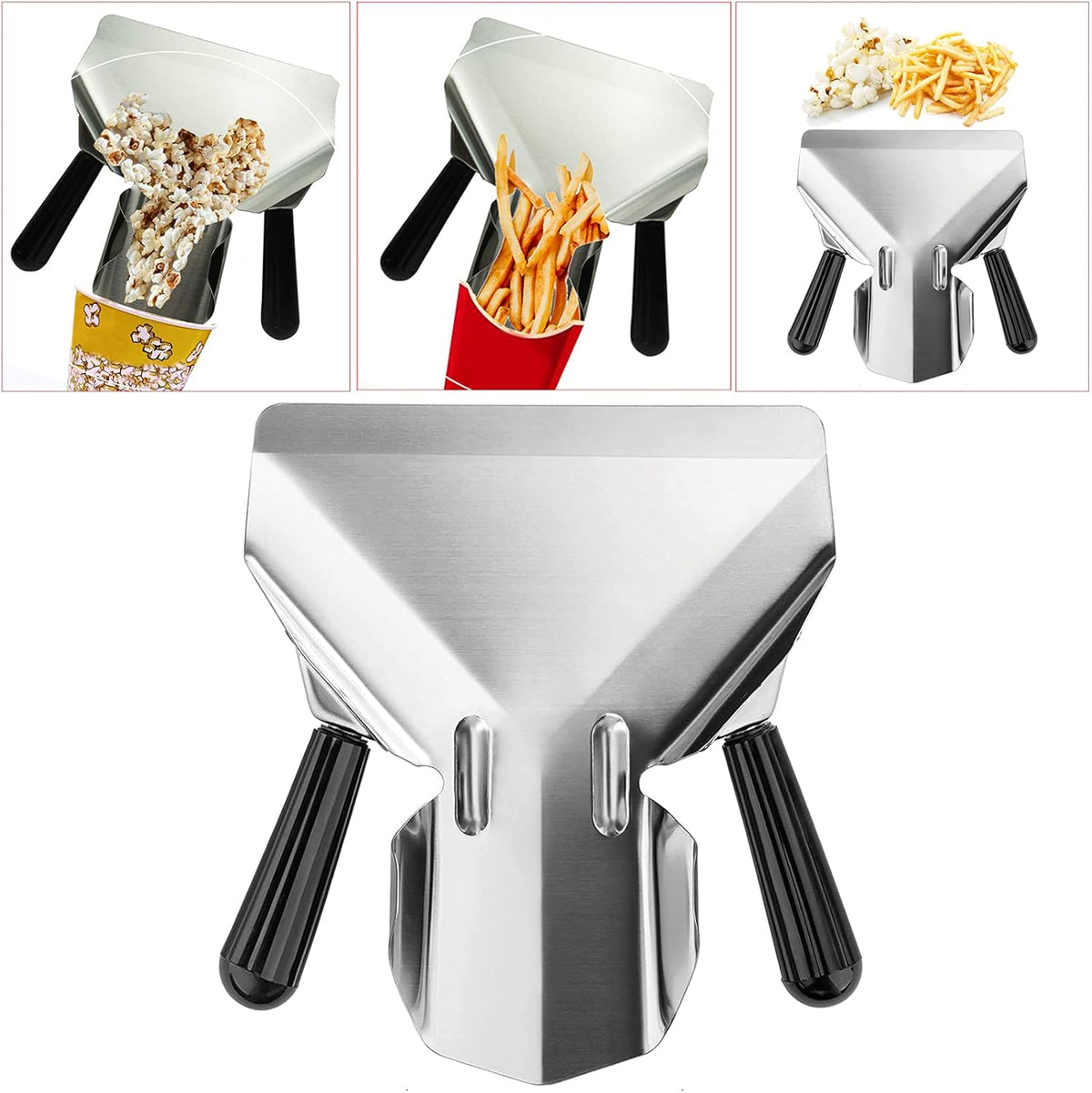 Stainless Steel Dual Handle French Fry Bagger Scoop Chip Popcorn Bagger Ice Candy Snacks Desserts Scooper with Removable Right Handle