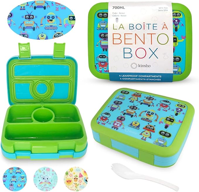 kinsho Bento Lunch Box for Kids Toddlers Boys, 4 Portion Sections Secure, BPA Free Removable Tray, Pre-School Kid Daycare Lunches Snack Container, Green Robot Ages 3 to 5