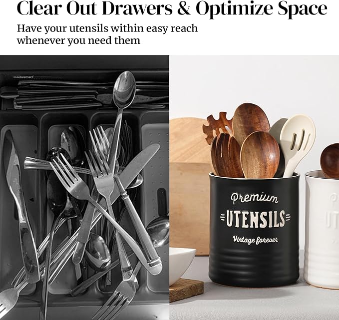 DOWAN 7.2″ Extra Large Utensil Holder, Farmhouse Utensil Holder for Kitchen Counter, Ceramic Utensil Crock with Protection Cork Mat, Utensil Storage for Kitchen Decor & Housewarming Gift, Matte Black