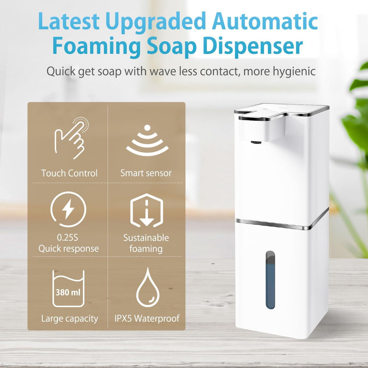 Automatic Foaming Soap Dispenser Touchless 380ml/12.8oz Rechargeable Hand Soap Dispenser Wall Mounted 4 Levels Adjustable Foam Soap Pump for Bathroom Kitchen Dish Soap