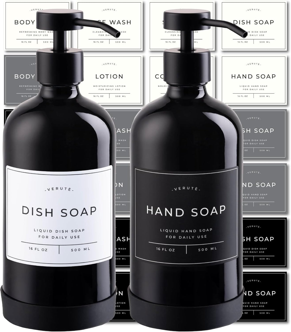 16oz Glass Soap Dispenser with Stainless Steel Pump, 21 Waterproof Labels, Non-Slip Protective Silicone Pad, Set of 2 for Bathroom & Kitchen (Gloss Black Bottle/Black Pump)