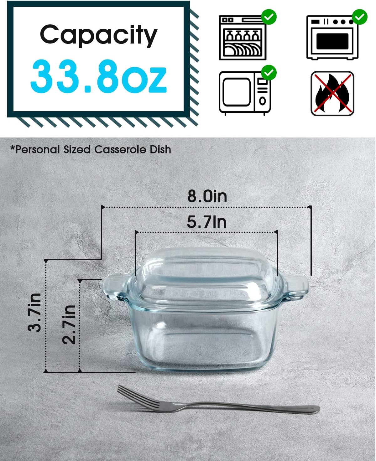 NUTRIUPS 1L Square Glass Casserole Dish with Lid, Mini Glass Casserole Cookware for Oven
