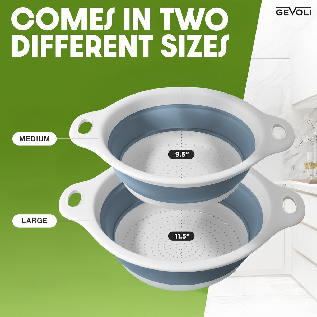 Collapsible Colanders (2 Pack Set) Food Strainers with Over-Sink Water Draining Base for Pasta Fruits and Vegetables (4 and 5 Quart) - White Blue