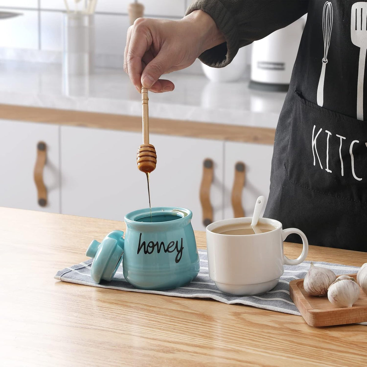 Honey Jar with Dipper and Lid, Ceramic Honey Pot 12oz, Turquoise