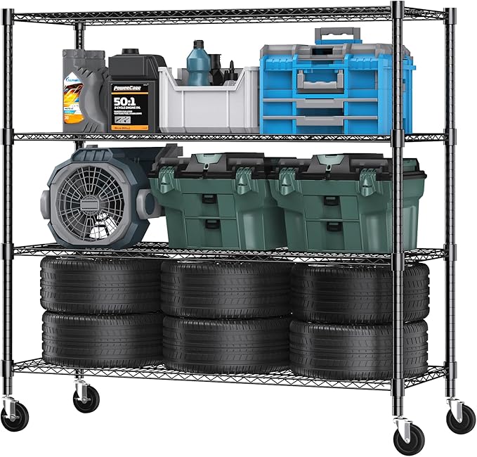 Himimi 72" H Storage Shelves 4 Tier Metal Shelving Adjustable Wire Shelf with Wheels, Heavy Duty Shelving for Garage Kitchen Pantry Bathroom Laundry 18" D*48" W*72" H, Black