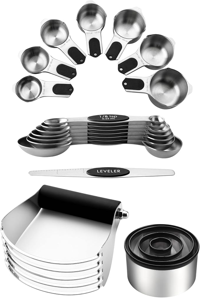 Spring Chef Stainless Steel Magnetic Measuring Cups & Spoons, Set of 15 & Large Dough Blender & Biscuit Cutter Set - 2 Product Bundle - Black