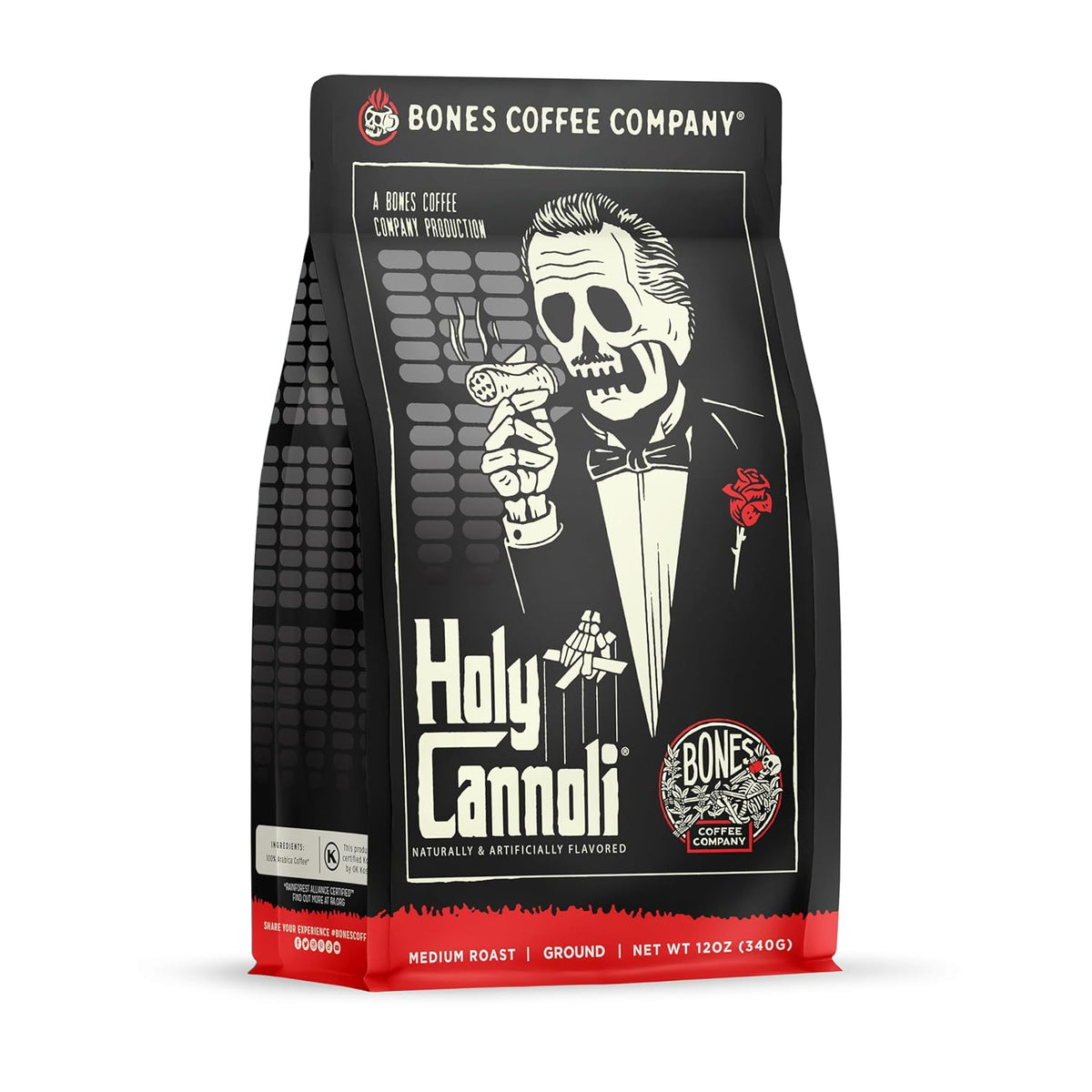 Bones Coffee Company Holy Cannoli, Baked Cannoli Flavored Coffee, Medium Roast Low Acid Arabica Beans Compatible with Auto drip and French Press Coffee Maker, 12 Oz Ground