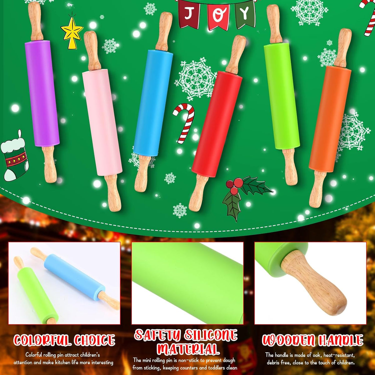 Dandat Small Rolling Pin Kids 12 Inch Mini Silicone Rolling Pin for Baking Non Stick Kids Dough Roller with Wooden Handle for Kitchen Cookie Pastry Fondant Cake 6 Colors(6 Pcs)