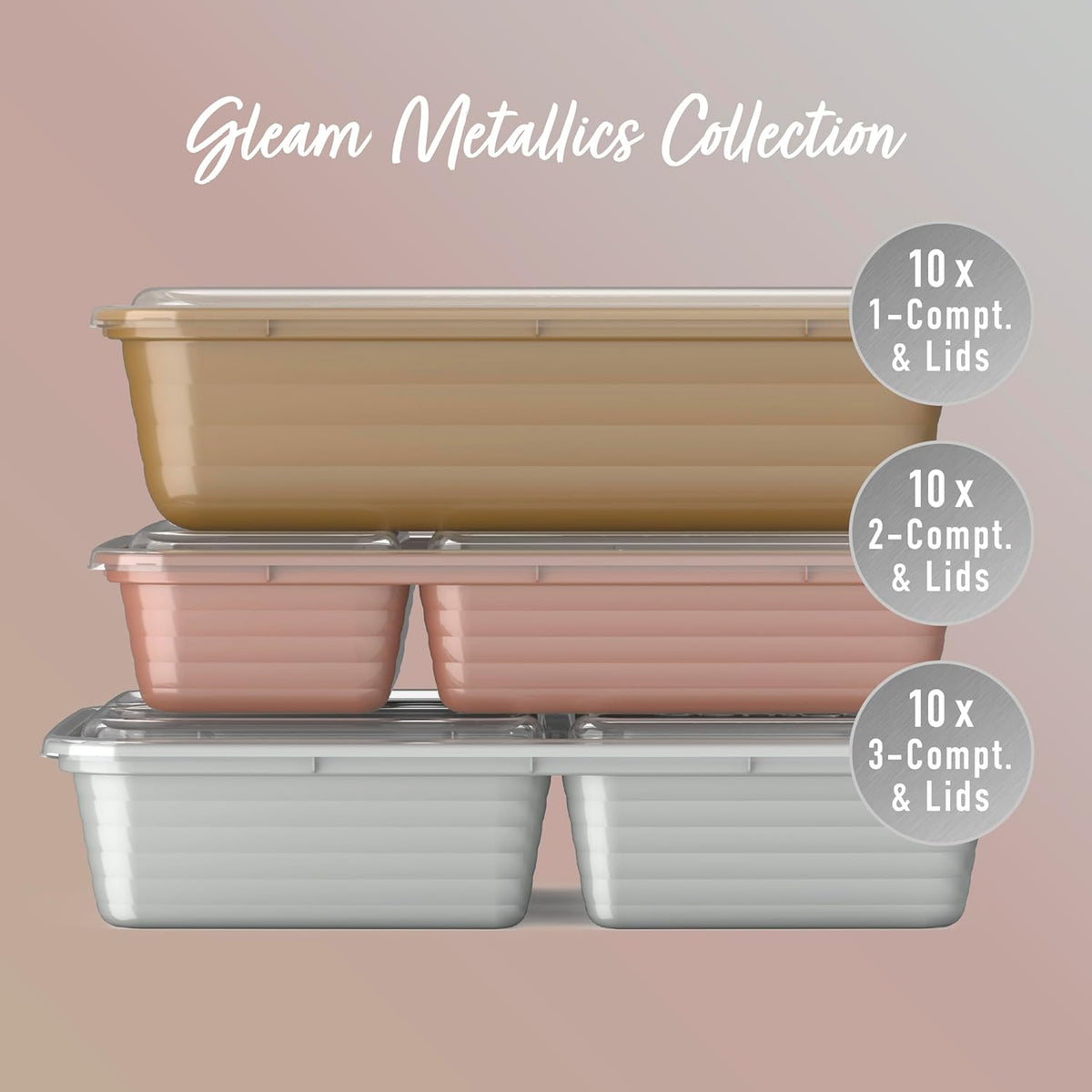 Bentgo Prep 60-Piece Meal Prep Kit - Reusable PFAS & BPA-Free Food Containers, 1-Compartment, 2-Compartment, & 3-Compartments - Microwave, Freezer, & Dishwasher Safe (Gleam Metallics)