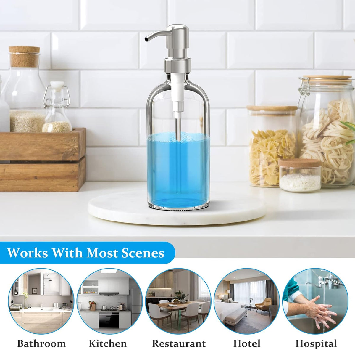 ARKTEK Refillable Soap Dispenser (2 Units) - 17 Oz Clear Glass Bottle with Rust Proof Pump for Hand and Dish Soap, Kitchen Bathroom Countertop