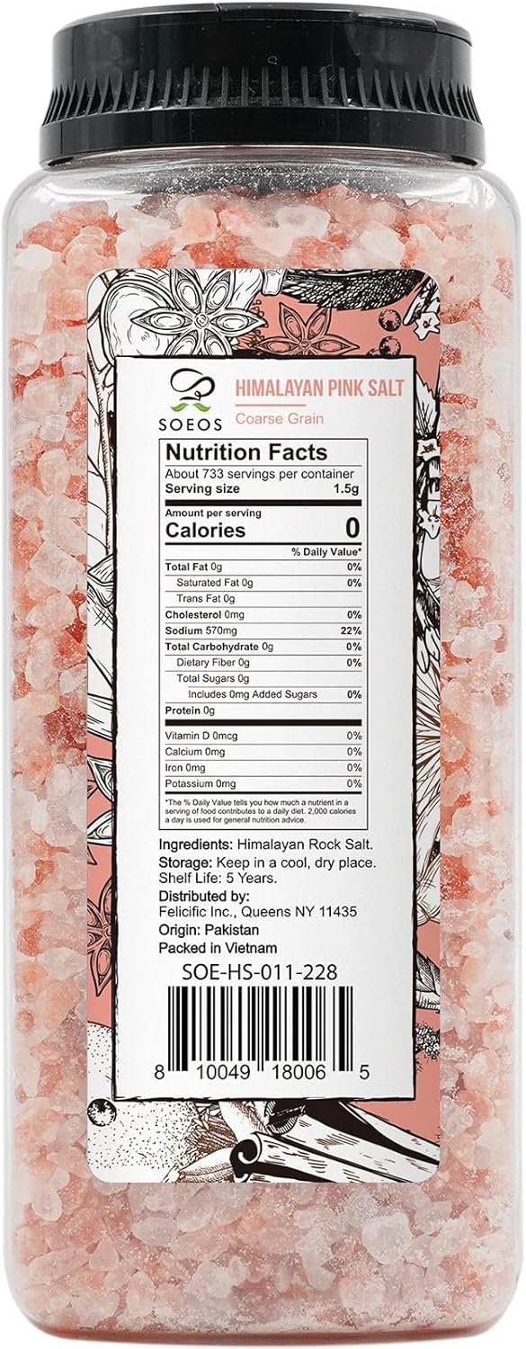 Soeos Himalayan Salt, Coarse Grain, 39Oz (2.4 Pound), Non-GMO Himalayan Pink Salt, Kosher Salt, Sea Salt for Grinder Refill