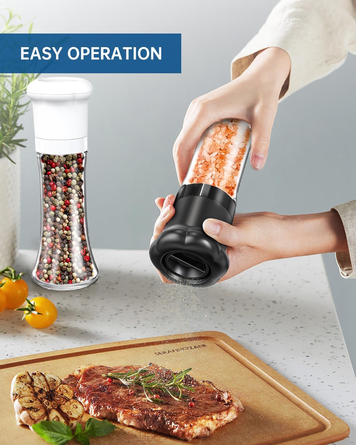 CIRCLE JOY Manual Salt and Pepper Grinder Set For Professional Chef, Refillable Salt and Pepper Shakers with Ceramic Blades, Adjustable Coarseness and BPA-free 180ml Glass Container, Tall Black White