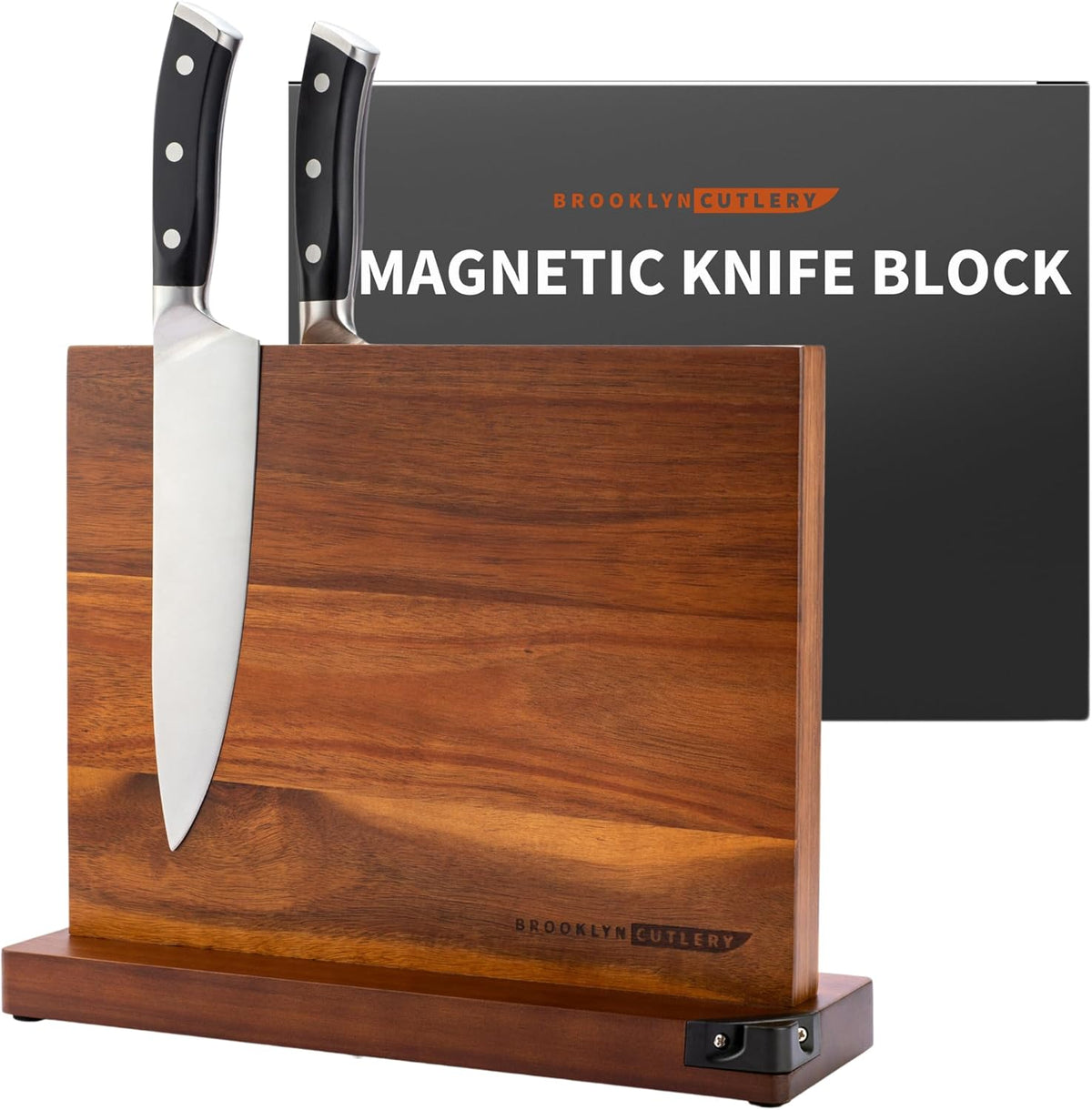 Magnetic Knife Block, Acacia Wood Magnetic Knife Holder for Kitchen Counter Universal Knife Block Without Knives (12 x 10 With Sharpener)