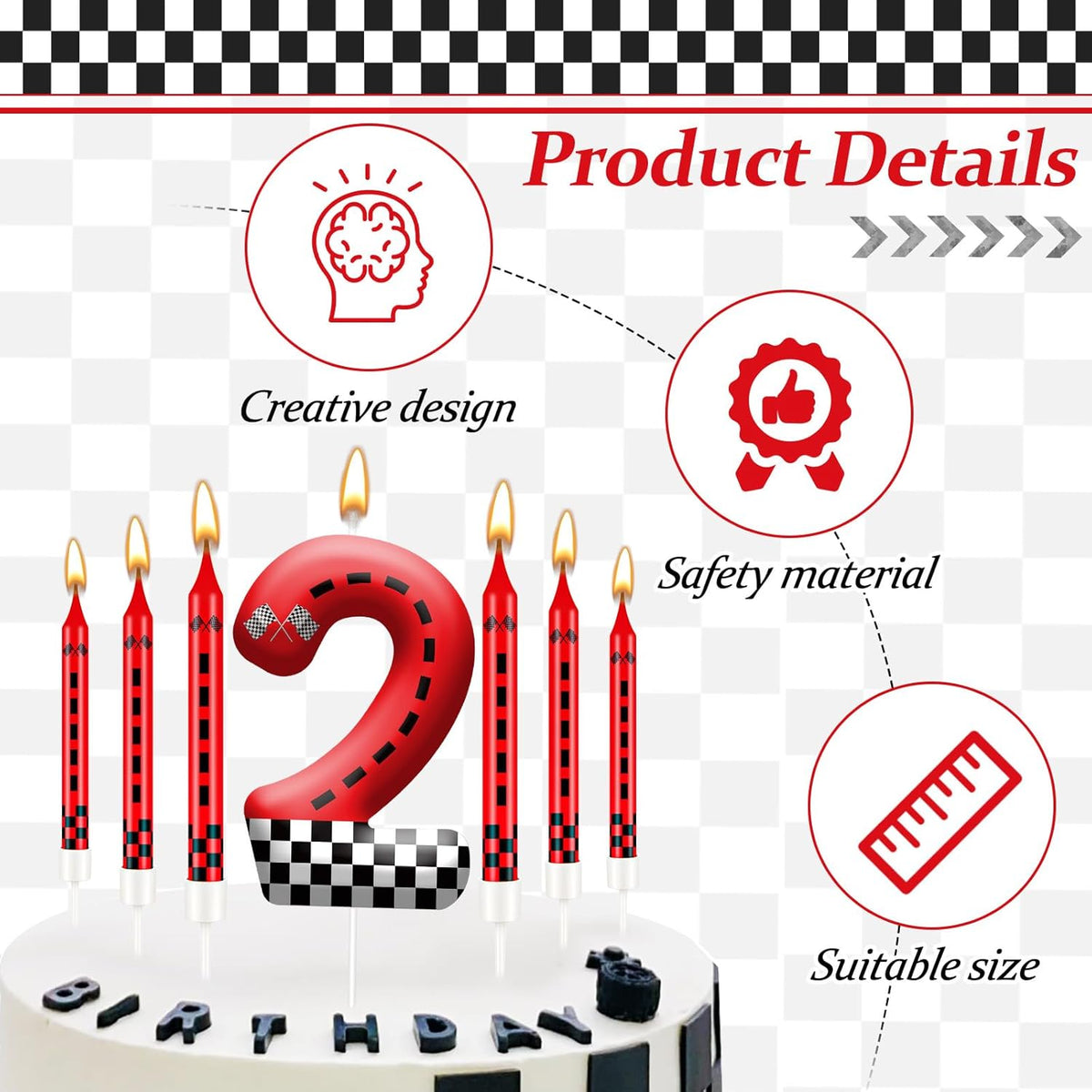 13PCS Racing Car Theme Birthday Candle Set with Checkered Flag Design - Durable Cake Topper for Race Car Party Decorations, Kids Birthday Supplies - Number 2 Candle for Racing-Themed Celebrations