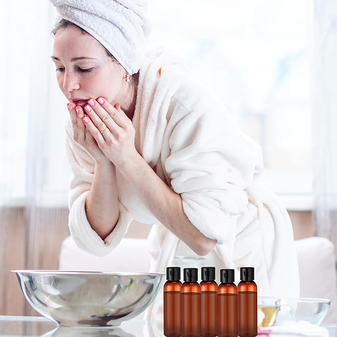 Zhehao 200 Pcs 2 oz Brown Plastic Empty Bottles Small Travel Size Bottles with Flip Cap Empty Transparent Dispenser Container for Liquids Toiletries Shampoo Lotion (Black Cap)